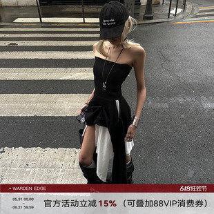韩好甜WARDEN EDGE 黑色抹胸连衣裙女夏新款修身显瘦不规则中长裙