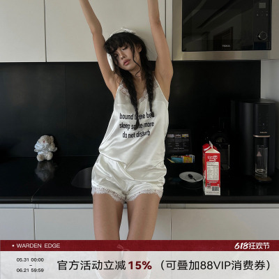 缎面吊带白色丝绸蕾丝边睡衣套装