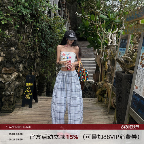 韩好甜WARDEN EDGE郊野漫步 灰色格子休闲裤女夏宽松低腰阔腿长裤