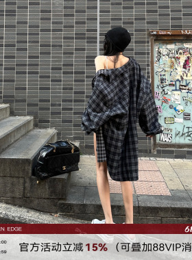 韩好甜WARDEN EDGE自由基因 黑色长袖格子衬衫女春季宽松翻领外套