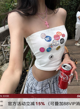 韩好甜WARDEN EDGE元气解码 白色抹胸背心女辣妹印花无袖短款上衣
