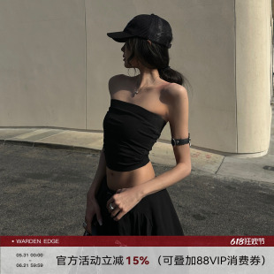 韩好甜WARDEN EDGE暗涌锋芒 黑色抽皱抹胸女夏季修身辣妹短款上衣