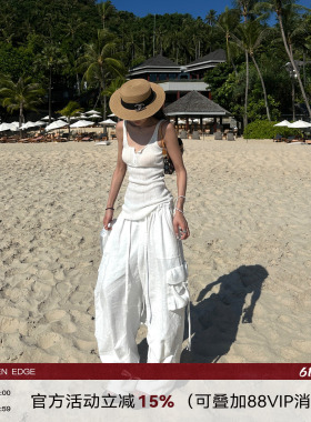 韩好甜WARDEN EDGE椰风逐浪 白色棉麻休闲裤女夏宽松低腰阔腿长裤