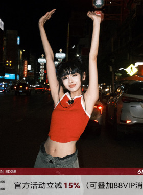 韩好甜WARDEN EDGE 辣妹速成红色无袖背心女港式复古性感吊带上衣