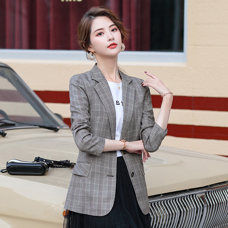 格子西装外套女2021春秋新款休闲网红小西服女士上衣