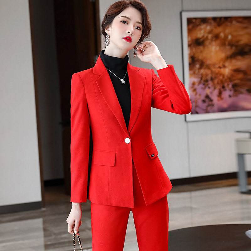 红色西装套装女长袖春秋气质衣服工装裤子套裤职业两件套西服女装