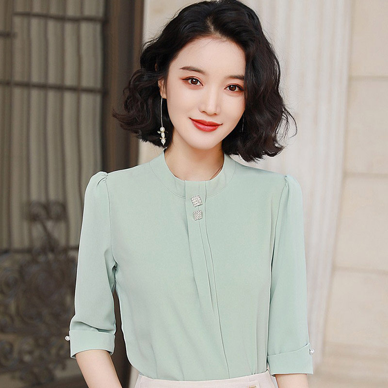 果绿衬衫女七分袖韩版气质圆领雪纺衫薄款百搭中袖衬衣春装夏绿色
