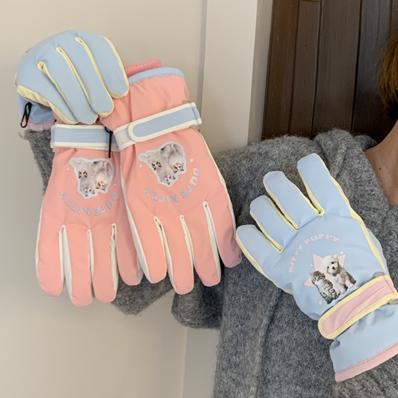 可爱触控屏幕全指滑雪手套女冬季骑行保暖加绒加厚防寒防泼水骑电