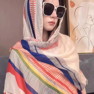 夏季 条纹盘扣民族风旅行穿搭丝巾百搭纱巾 防晒薄款 披肩女2025新款