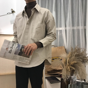 韩国东大门衬衣bf拼接情侣装宽松oversize假两件高领长袖衬衫男女