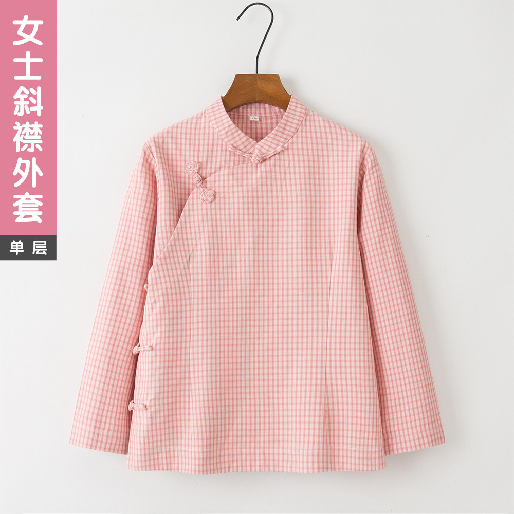唐装女春秋纯棉格子上衣中国风手工盘扣立领斜偏襟修身外套老粗布