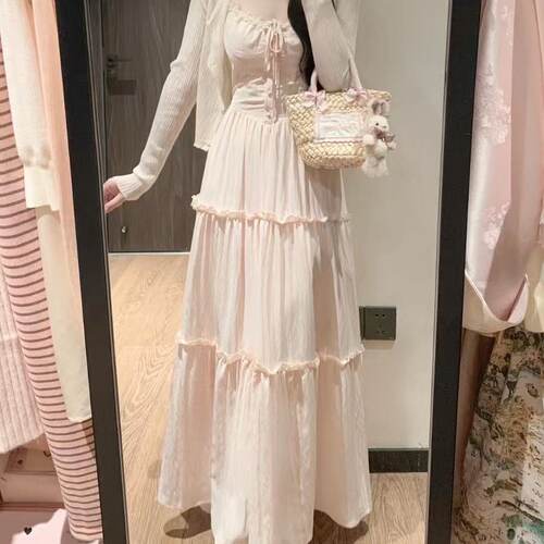 法式粉色蕾丝吊带蛋糕连衣裙女