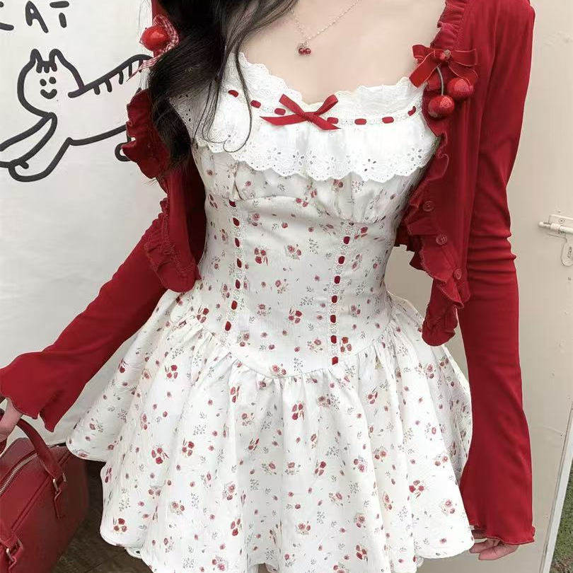 甜辣风蕾丝边碎花背心连衣裙套装女春夏樱桃长袖开衫辣妹收腰短裙,女装/女士精品,时尚套装,淘宝优惠券,粉丝福利购,淘宝优惠卷