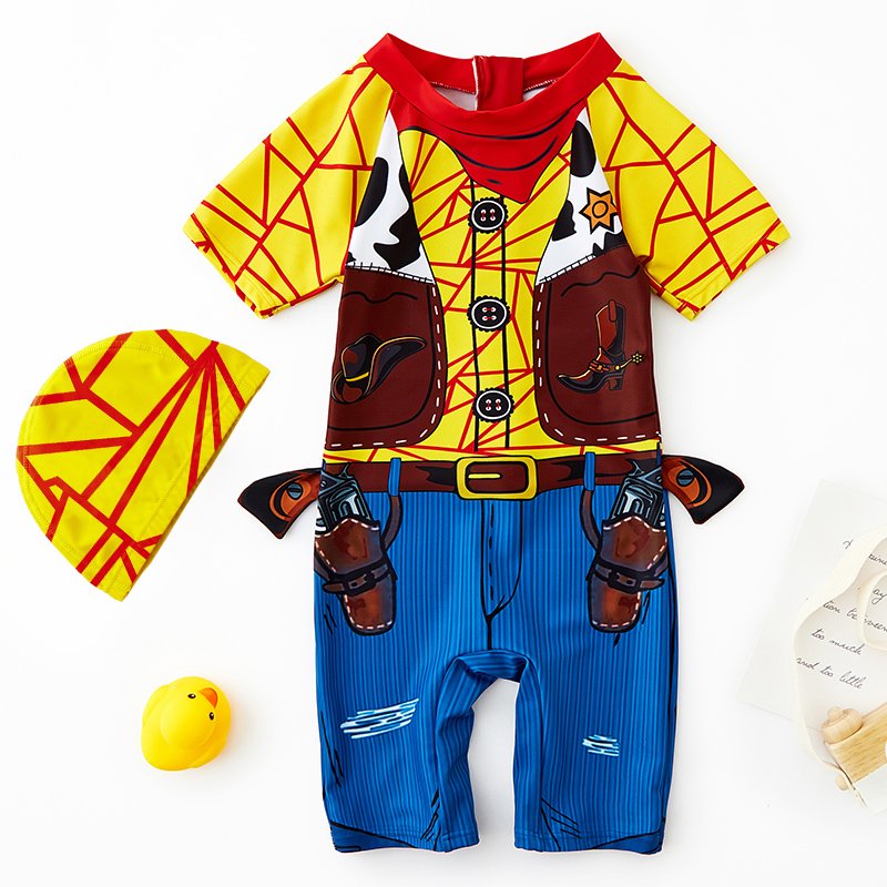 儿童泳衣男童连体可n爱卡通牛仔小中童宝宝游泳衣温泉套装男孩防