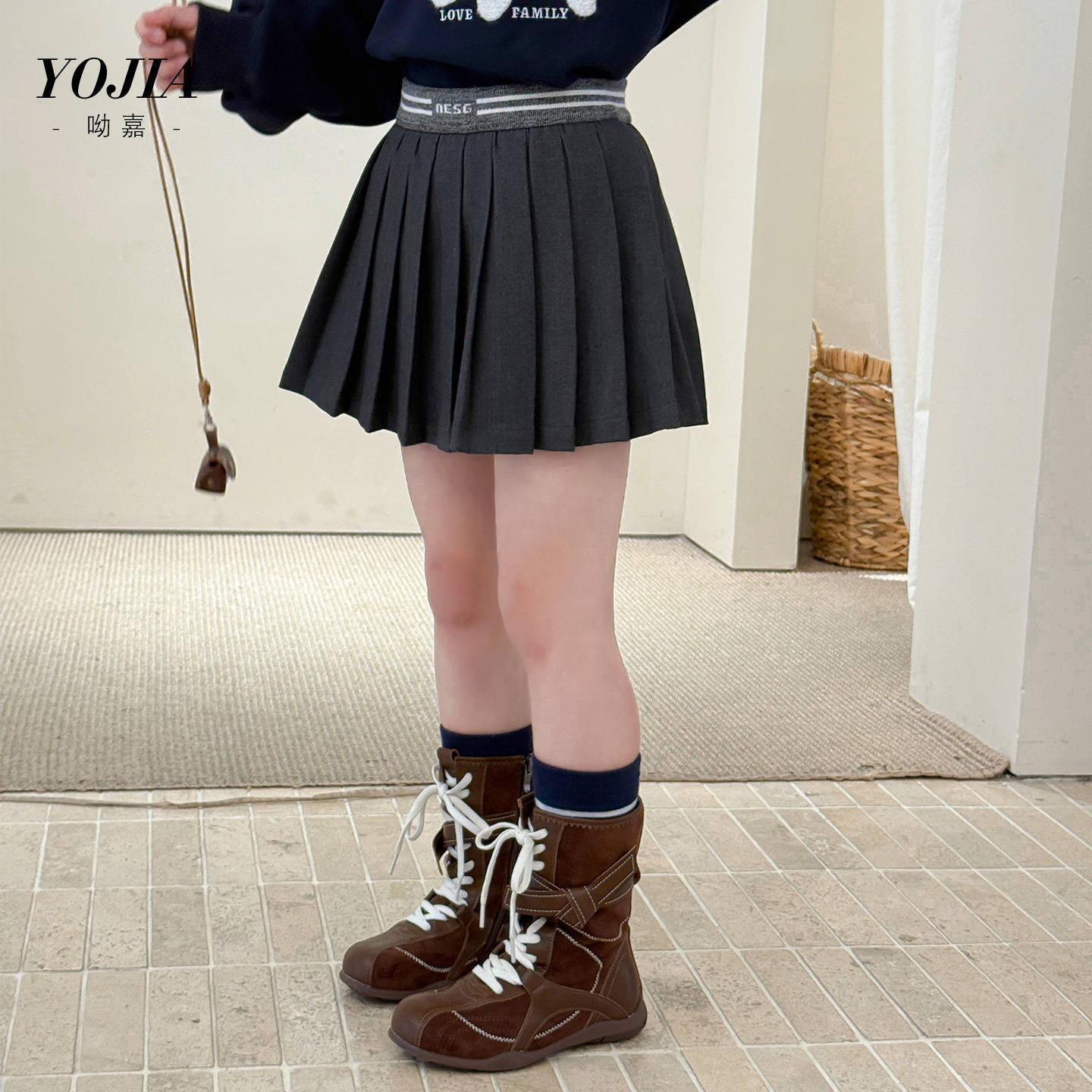 YOJIA女童半身裙春秋2025新款洋气女孩学院风百褶裙秋季儿童裙子