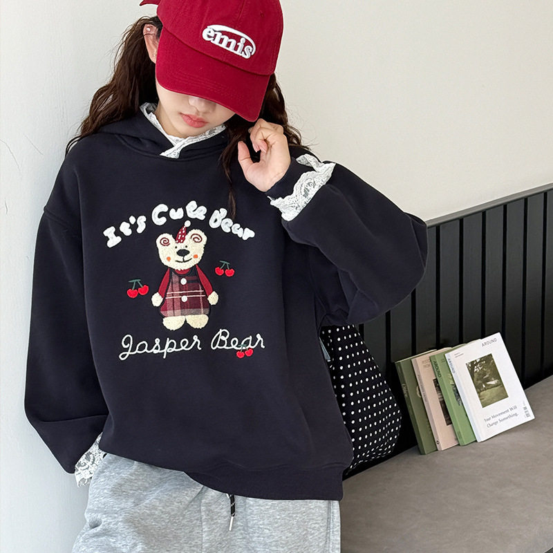 女童卫衣2025新款秋冬装大童蕾丝花边套头衫儿童加绒加厚连帽