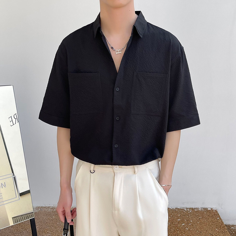 2024夏新ins轻熟风宽松双口袋潮流男士衬衫五分袖大码Q166P60,男装衬衫,电商A222（原电商A231）