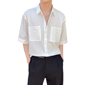 高品质ins轻熟风2024夏新潮男士衬衫五分袖大码宽松Q166P60图片