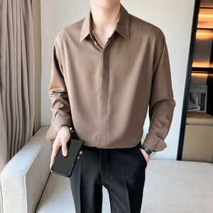 潮流纯色长袖衬衫男2024秋新ins轻熟风宽松休闲青年Q51P48图片