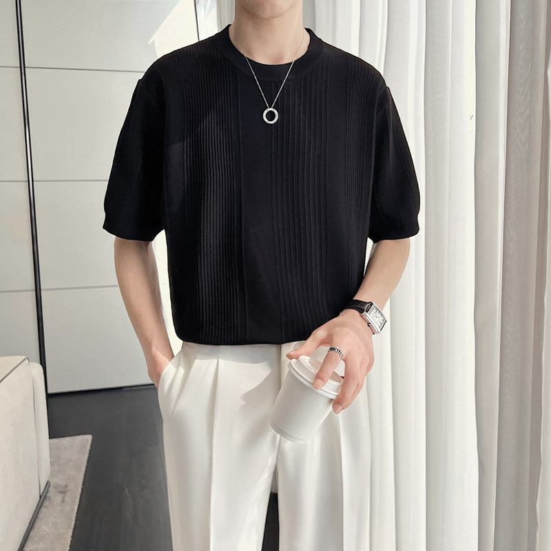 ins轻熟风2024夏新修身潮流条纹针织衫短袖T恤男打底Q3669P55,男装T恤,电商A222（原电商A231）