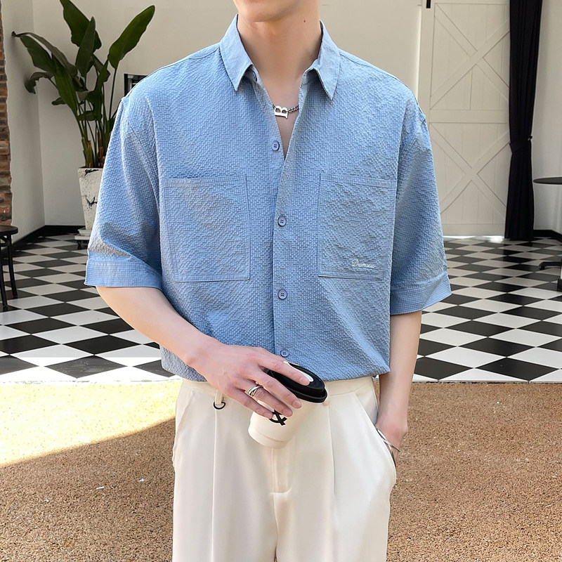 2024夏新ins轻熟风宽松双口袋潮流男士衬衫五分袖大码Q166P60,男装衬衫,电商A222（原电商A231）