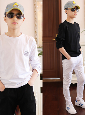 SP童装男童白色纯棉T恤打底衫2025春款中大童白黑色圆领长袖T恤