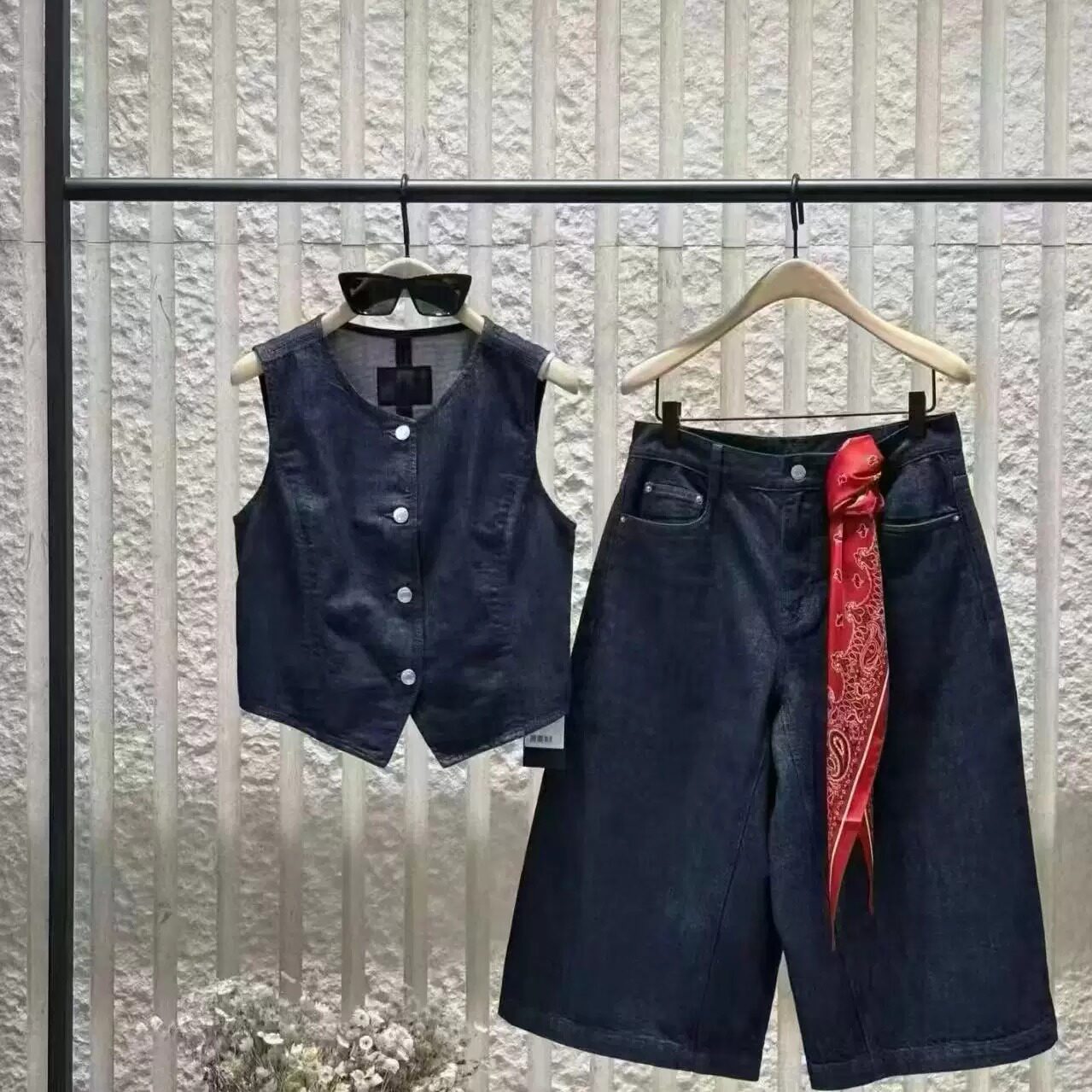 夏季棉质高腰显瘦阔腿牛仔裤套装