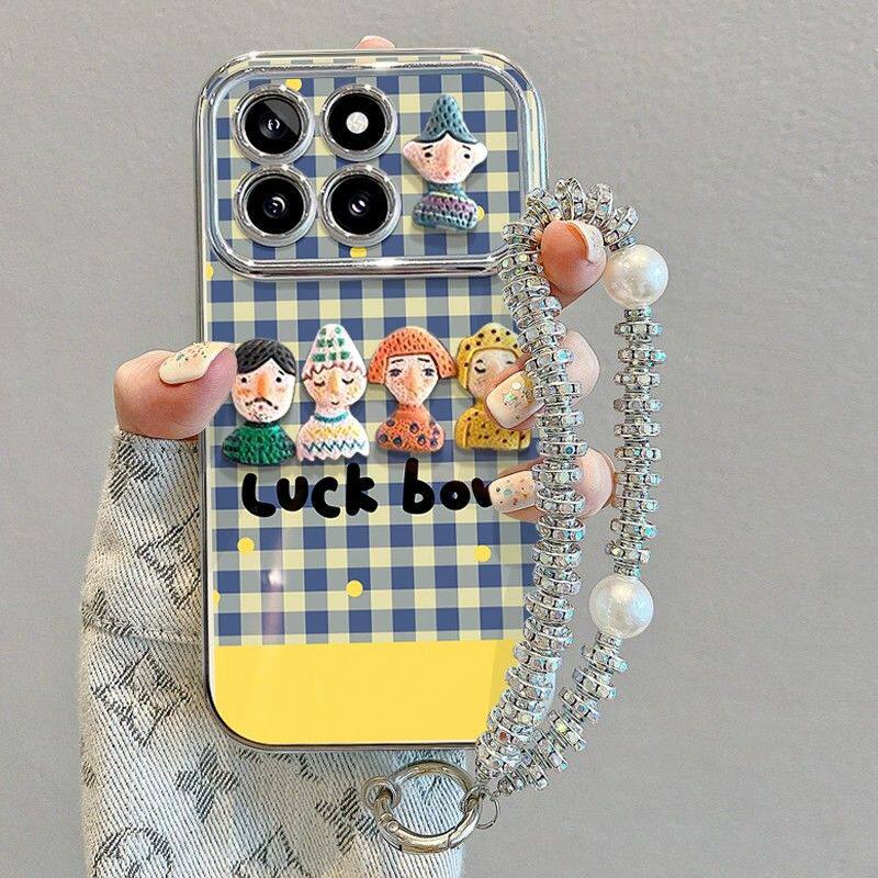 适用小米14pro手机壳带挂绳ins风小米14保护套带支架挂链小米13防摔硅胶软壳格纹公仔人物小米手机保护壳