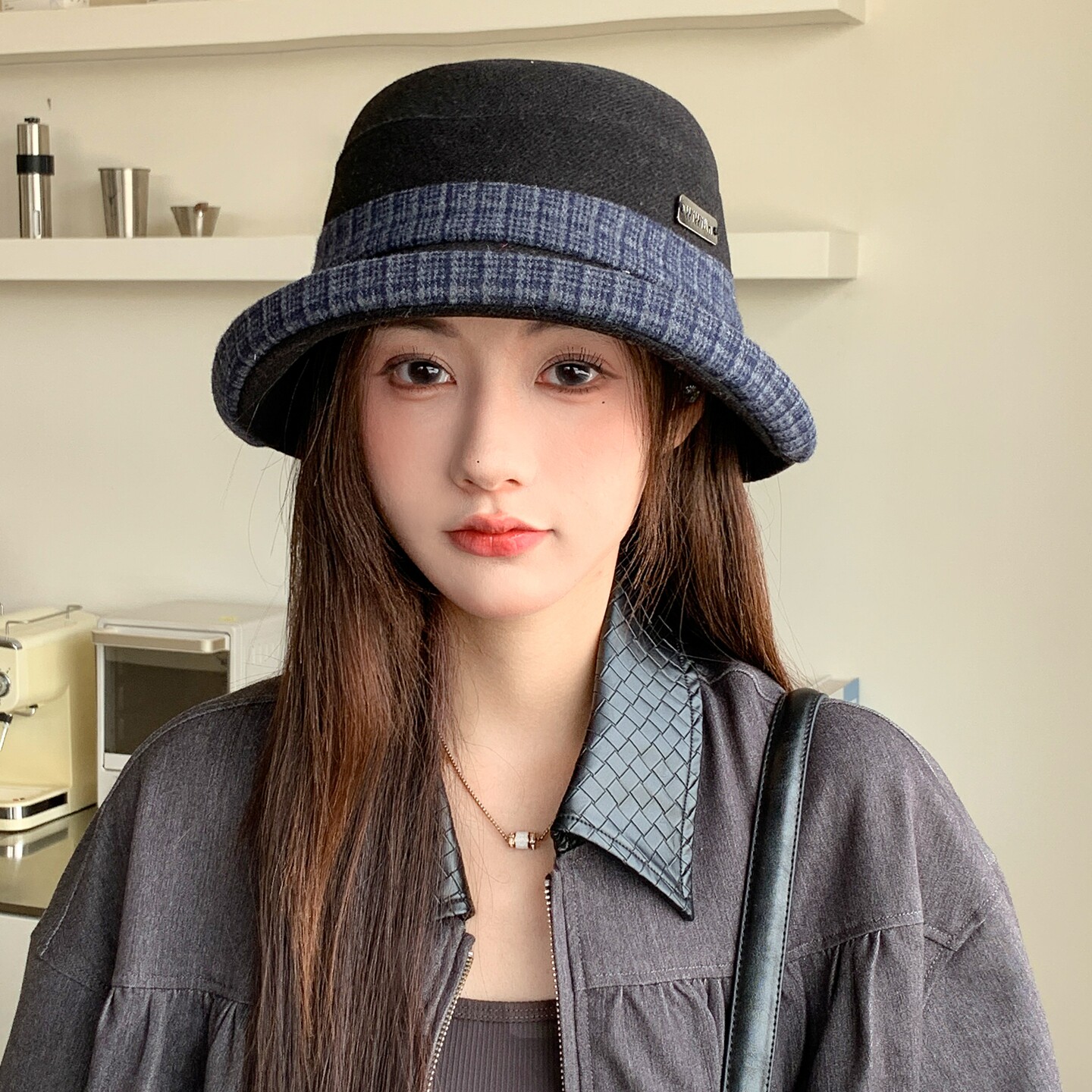 秋冬复古格纹女渔夫帽大檐显脸小图片