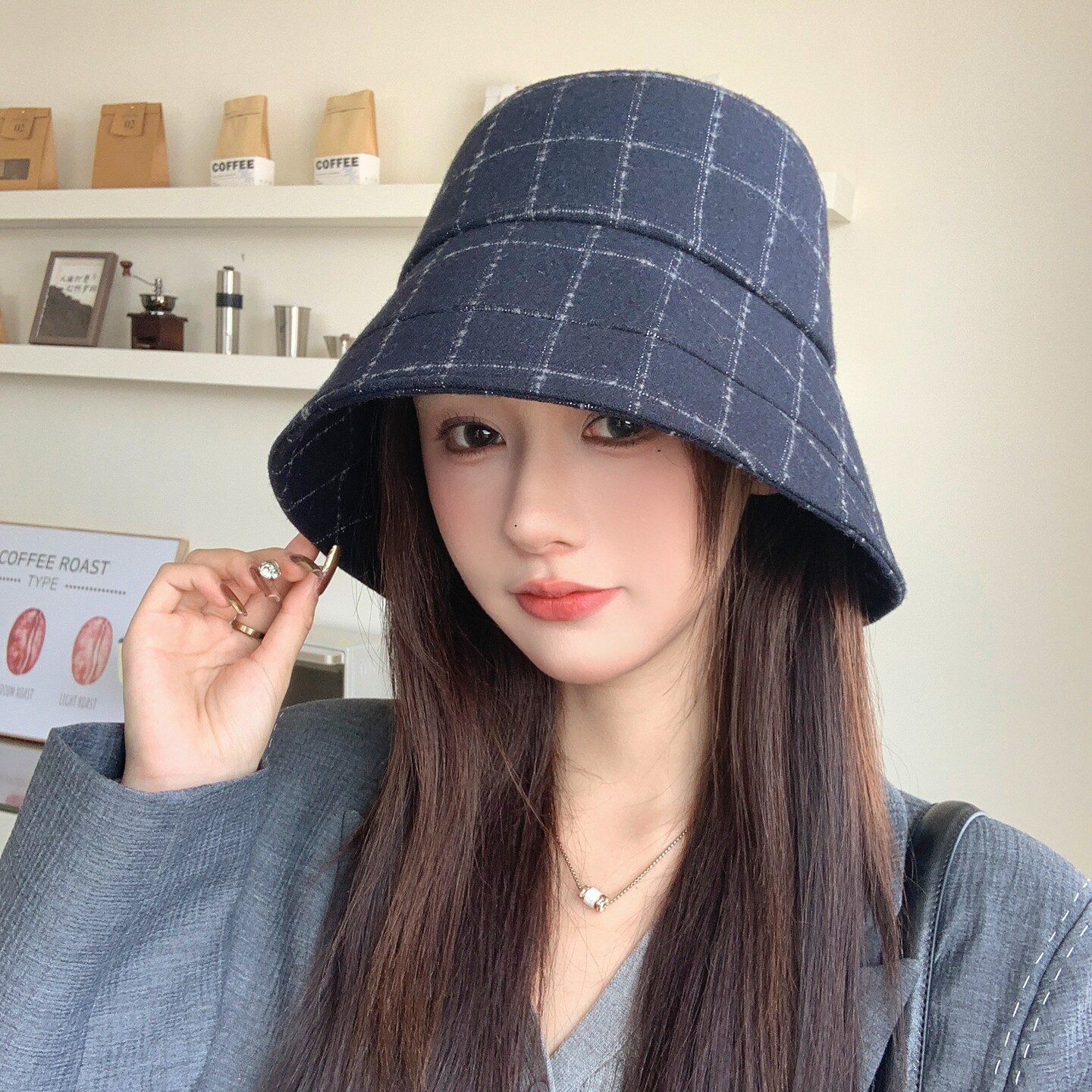 韩版复古格纹大檐渔夫帽女显脸小图片