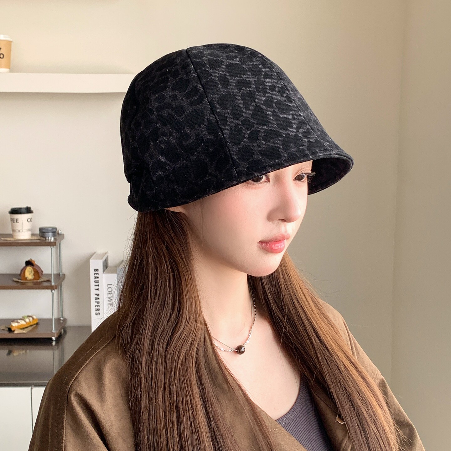 复古豹纹宽檐渔夫帽女显脸小图片