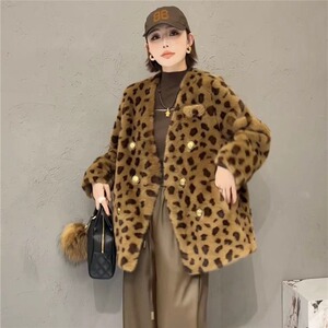V领豹纹仿水貂绒外套女皮毛一体毛毛厚上衣冬季新款环保皮草2023