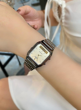 日本正品卡西欧手表男 复古双显小方块电子表 烟灰色AQ-230GG-9A