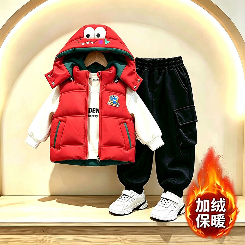 豆咖宝崽加绒保暖宝宝马甲三件套