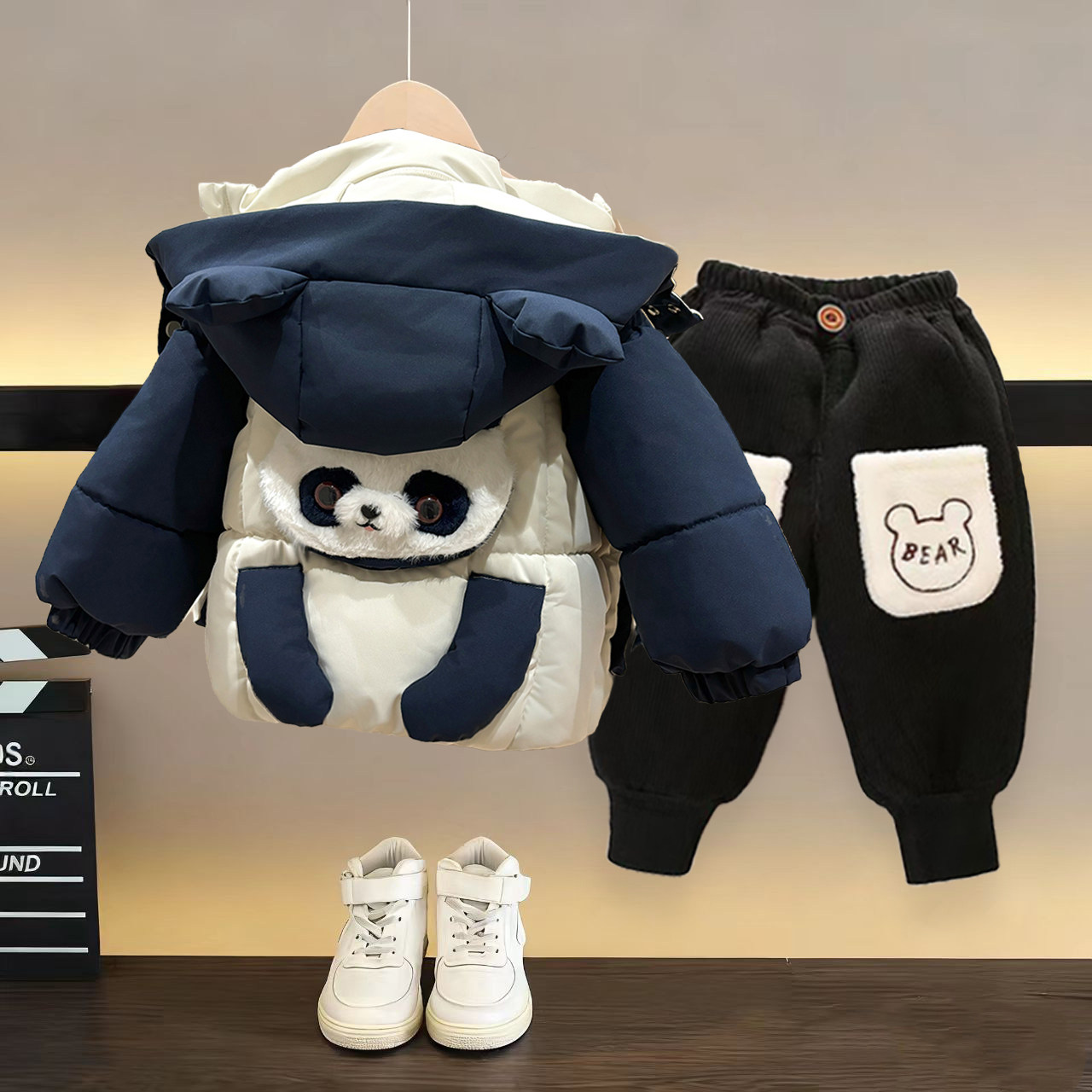 儿童冬装熊猫羽绒棉服套装男童加绒加厚外套男女宝冬季棉衣两件套