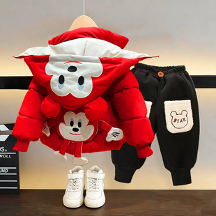 儿童冬季套装男童米奇羽绒棉服加绒加厚保暖洋气韩版棉衣两件套潮