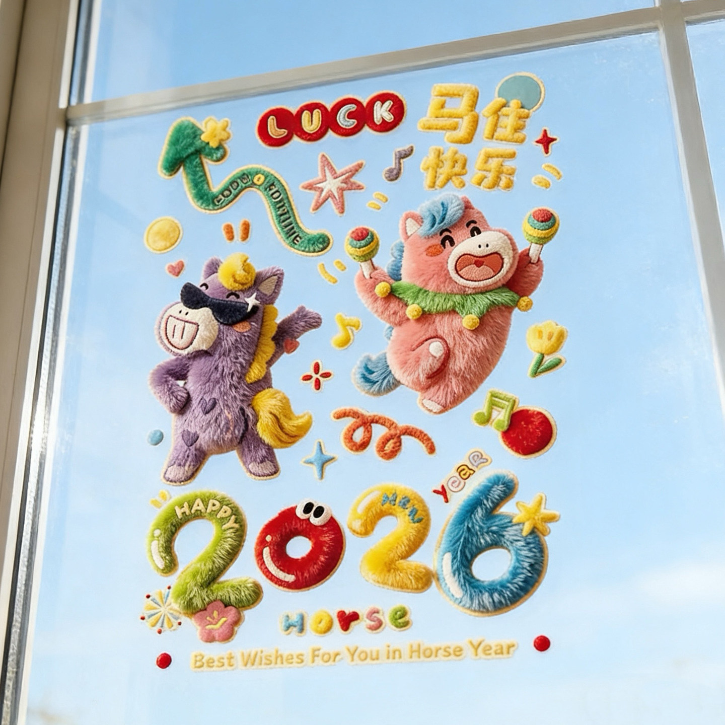 2026马年创意立体卡通静电窗花