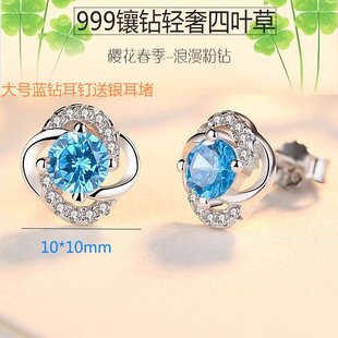 正品老凤凤纯银耳钉女防过敏四叶草大号耳饰足银s999养耳洞送女友