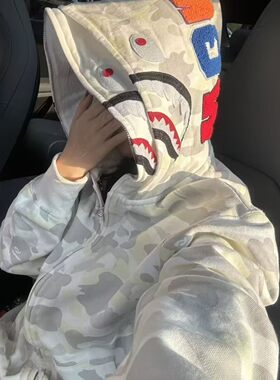 迷彩鲨鱼连帽外套开衫拉链卫衣
