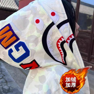 美式复古双帽迷彩连帽卫衣拉链开衫原创国潮春秋男女鲨鱼外套潮流