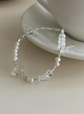 925银白水晶淡水珍珠碎银手链女