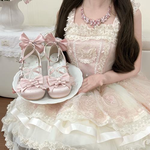 全款预【珍珠小兔】可爱甜美原创lolita圆头缎面低跟鞋