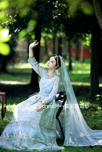 蓝色重工刺绣礼服清真婚纱礼服收腰网纱显瘦盖头出门服回民婚纱