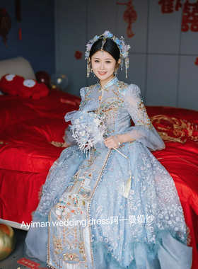 「出租」绣品莎拉金宝重工秀禾蓝色城堡公主出门服收腰蓝色礼服