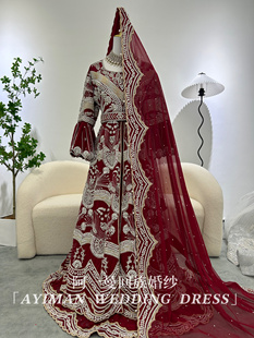 「出租」新款回民婚纱礼服重工钉珠长袖红色敬酒服回族结婚纱