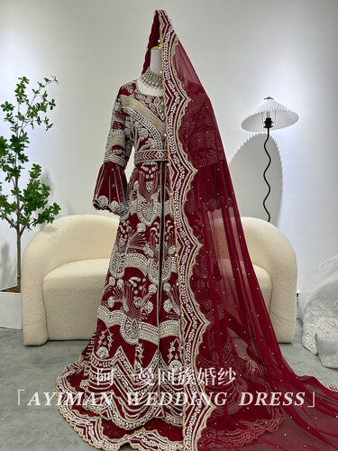 「出租」新款回民婚纱礼服重工钉珠长袖红色敬酒服回族结婚纱