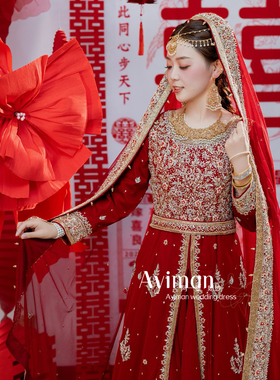 「出租」红色回族婚纱高端定制高腰绑带收紧可调节礼服巴服沙丽