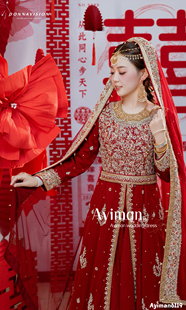 「出租」红色回族婚纱高端定制高腰绑带收紧可调节礼服巴服沙丽