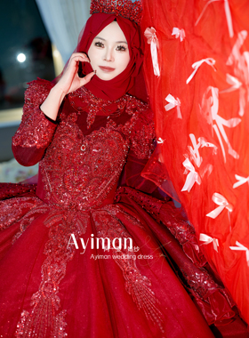 「出租」红色回族婚纱高端定制高腰绑带收紧可调节礼服齐地主纱