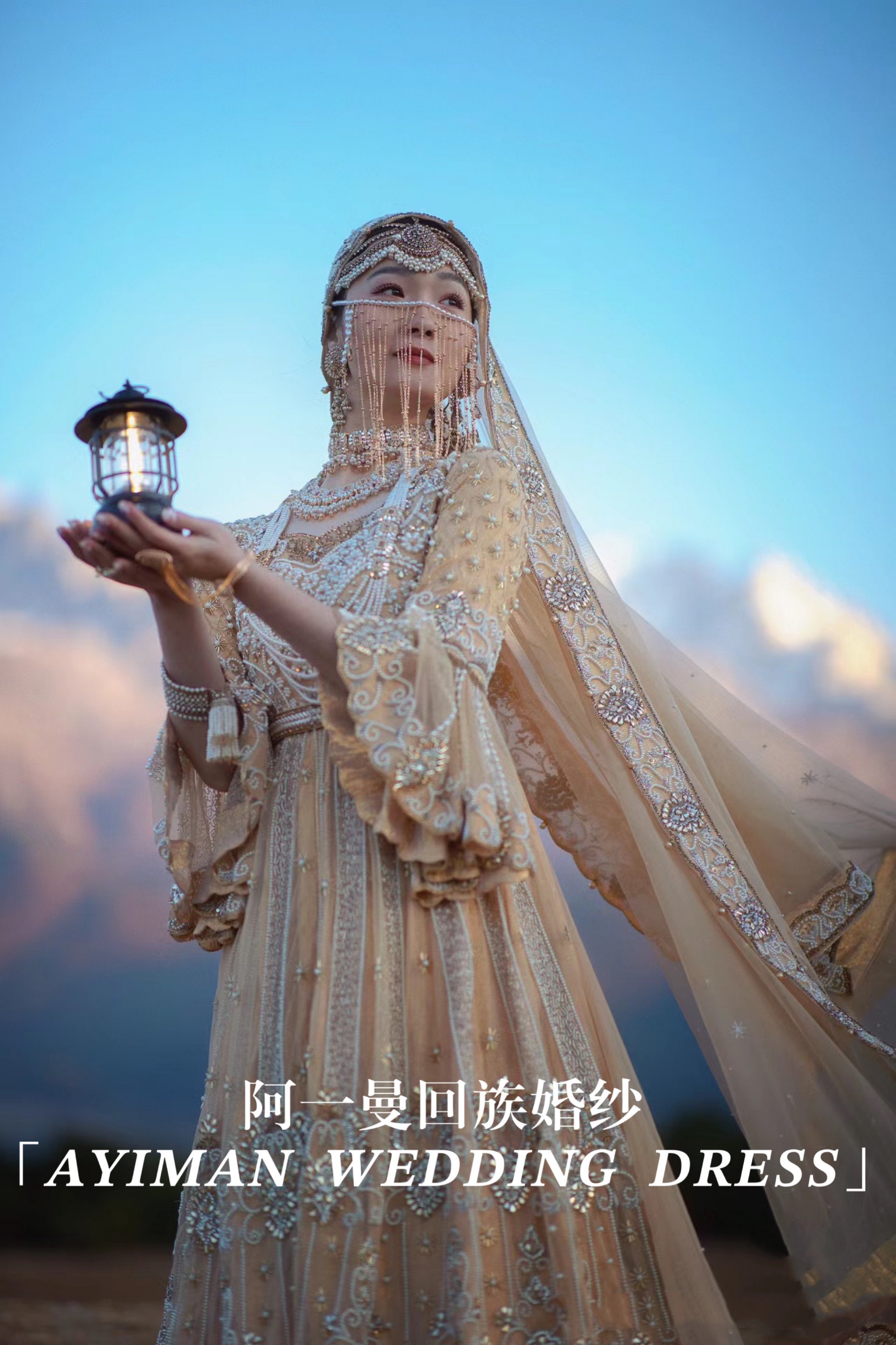 「出租」阿一曼回族婚纱香槟色v领珍珠重工巴服印度纱丽巴基斯坦